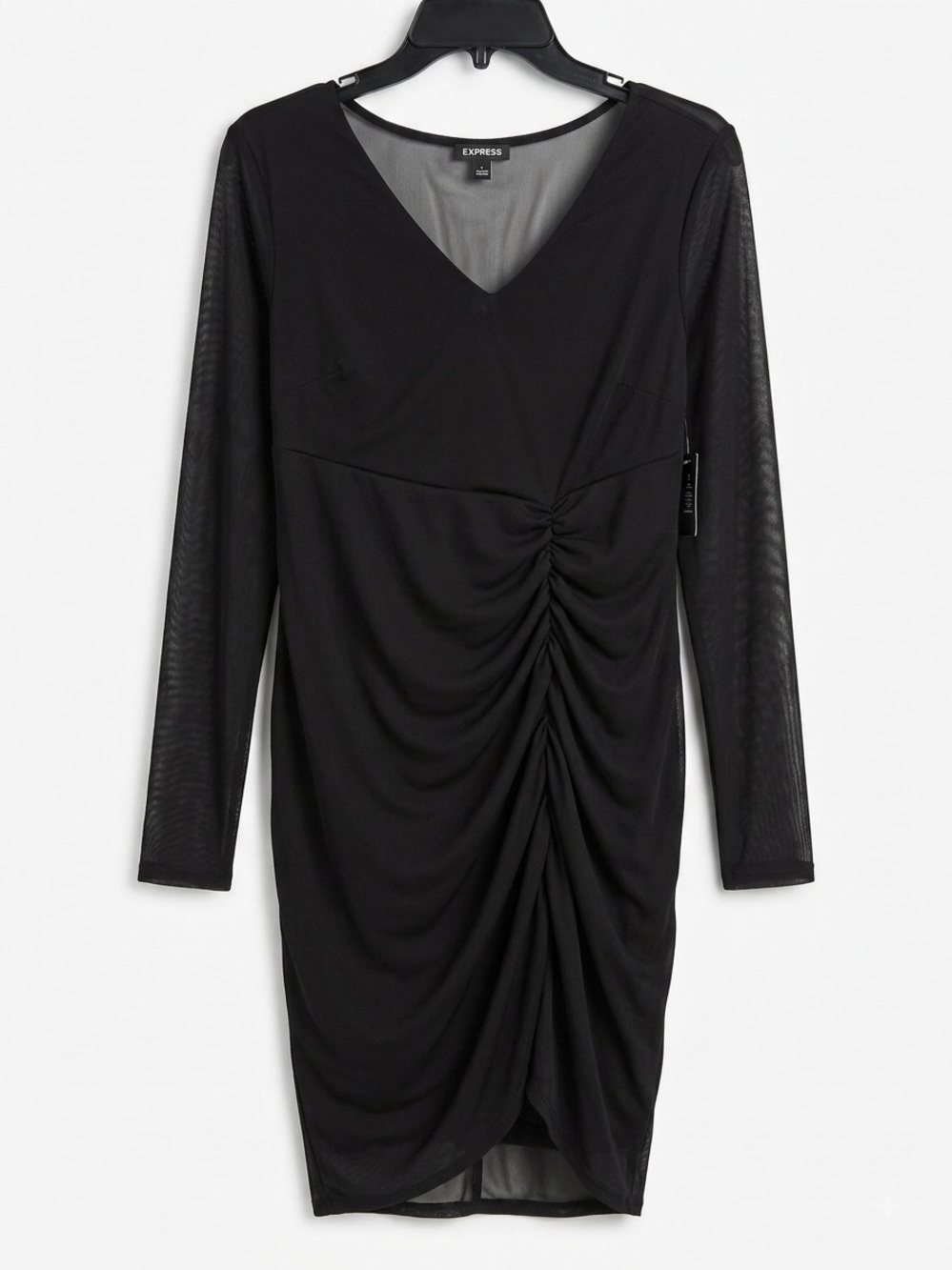 Express Black Long-Sleeve V-Neck Ruched Mesh Sleeve Dress